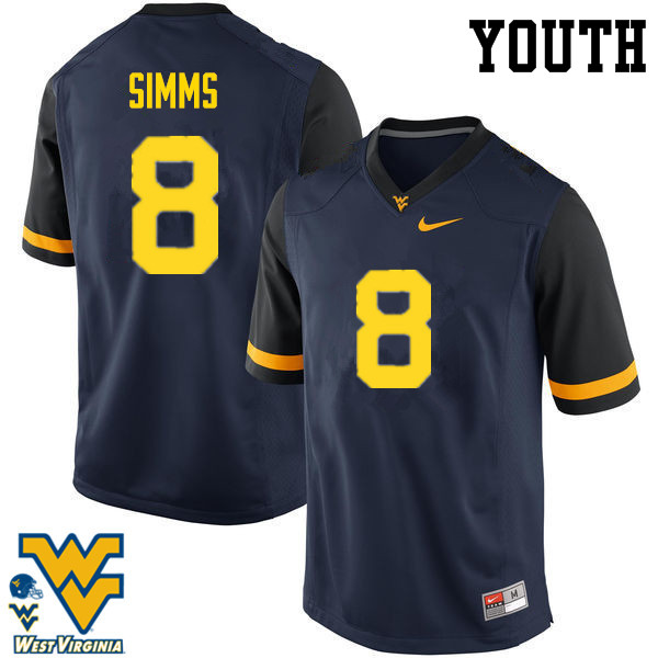 Youth #8 Marcus Simms West Virginia Mountaineers College Football Jerseys-Navy